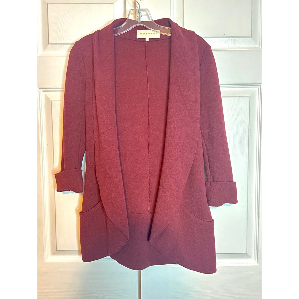 French Mauve Burgundy Open Front Blazer Shawl Collar Cuffed Sleeve Jacket S